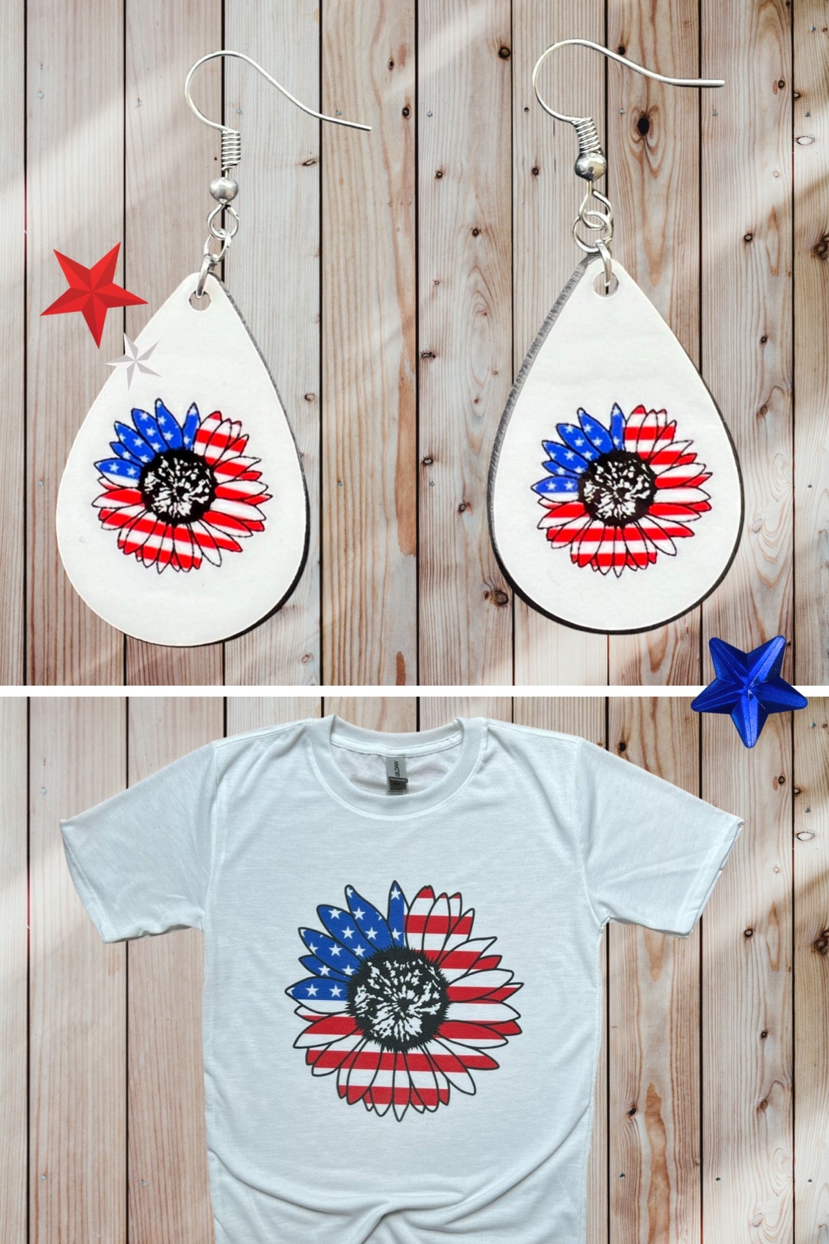 Patriotic sunflower teardrop earrings and tee