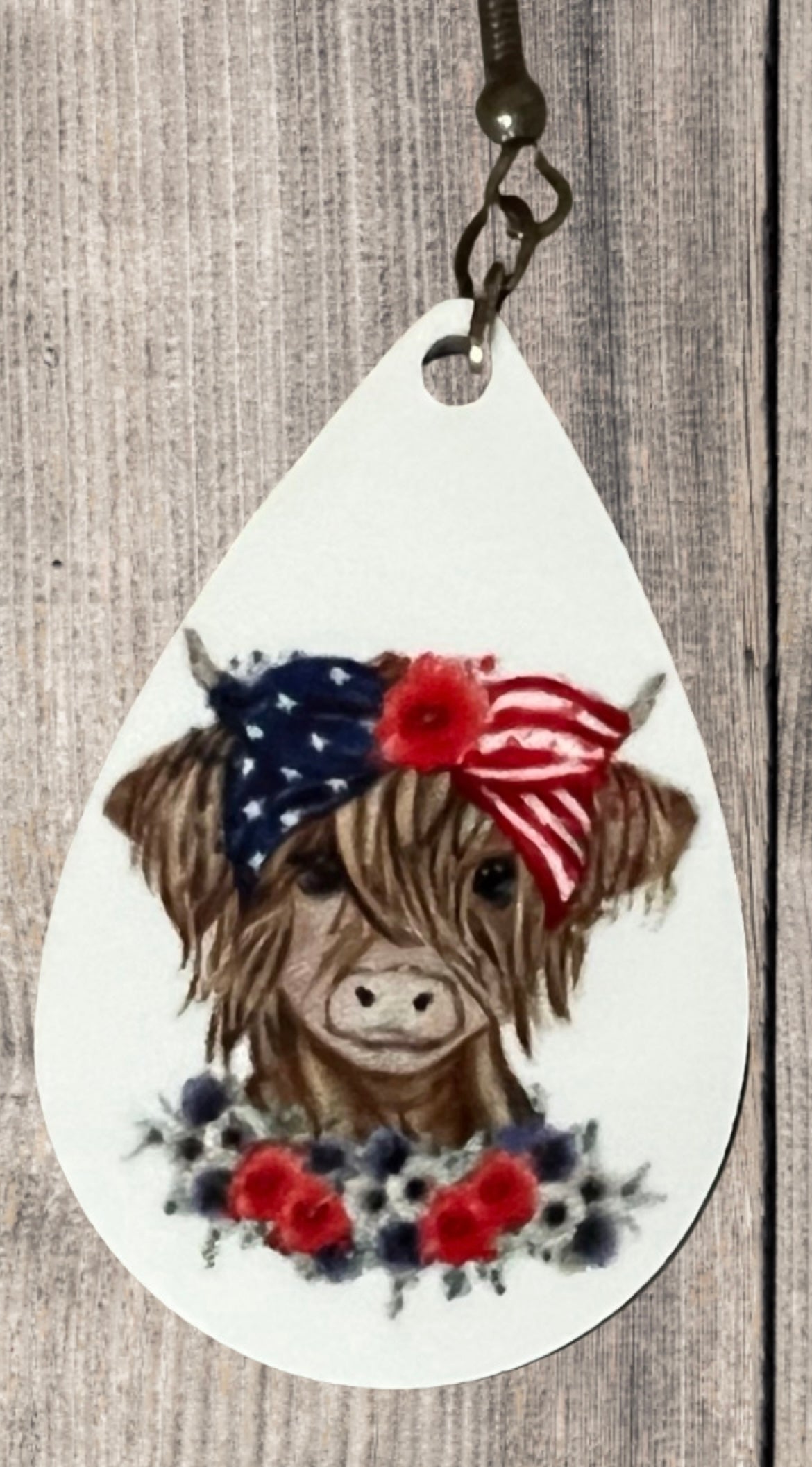 Patriotic Highland Cow teardrop earrings