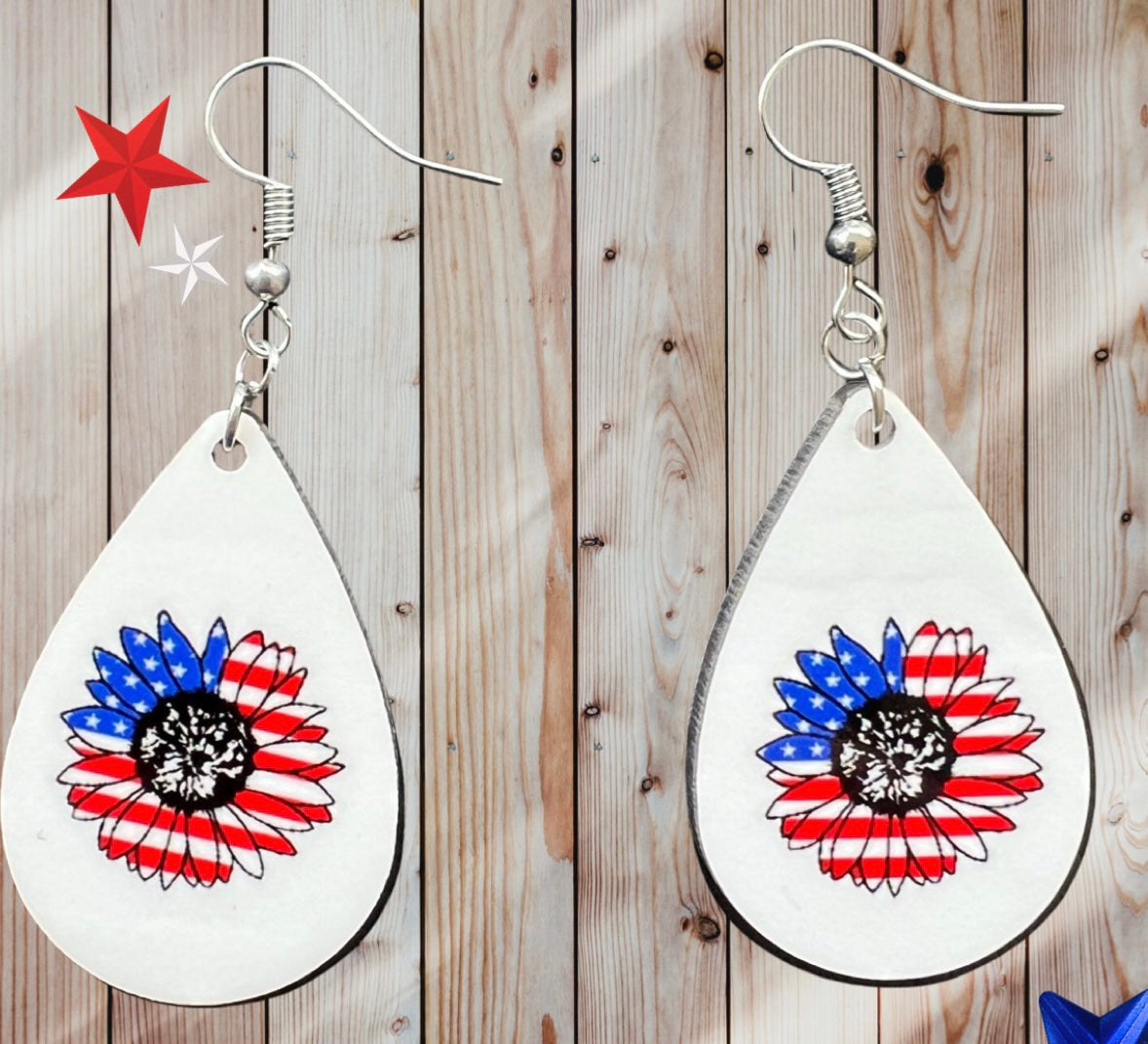 White patriotic sunflower teardrop earrings