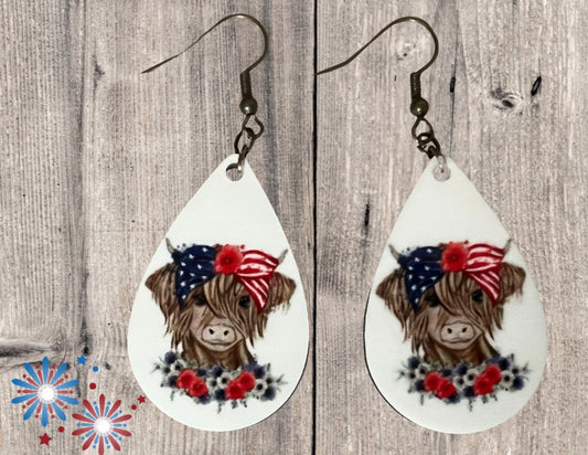 Patriotic Highland Cow teardrop earrings
